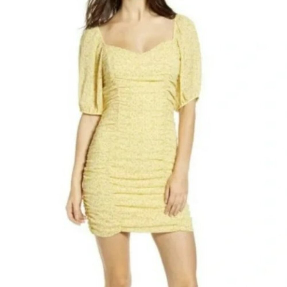All In Favor Yellow Floral Print Ruched Mini Dress Size S